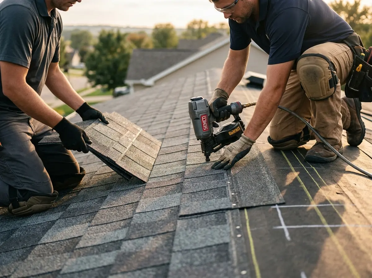 Professional roofer working on a residential roof in Moultonborough